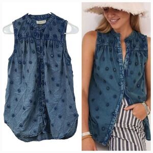 Anthropologie Pilcro Letterpress Blue Chambray Top Sequin Sleeveless Blouse